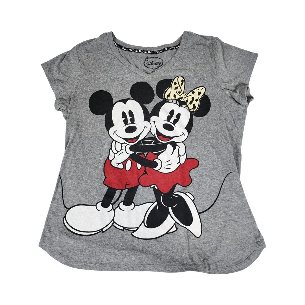 Disney Mickey Minnie Mouse Gray Sleepwear Graphic T-Shirt V-Neck Plus 2X 18W-20W - Picture 1 of 8